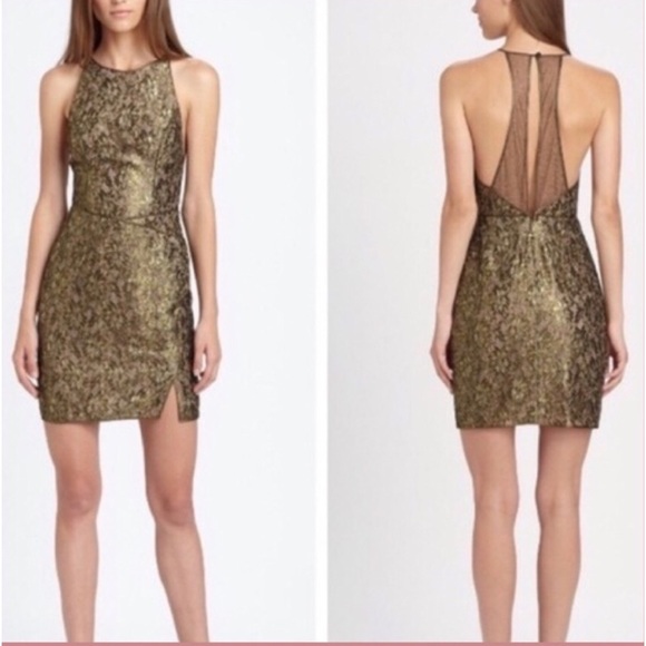 BCBG max azria Tenya gold lace sheer back mini slit dress - Picture 4 of 5